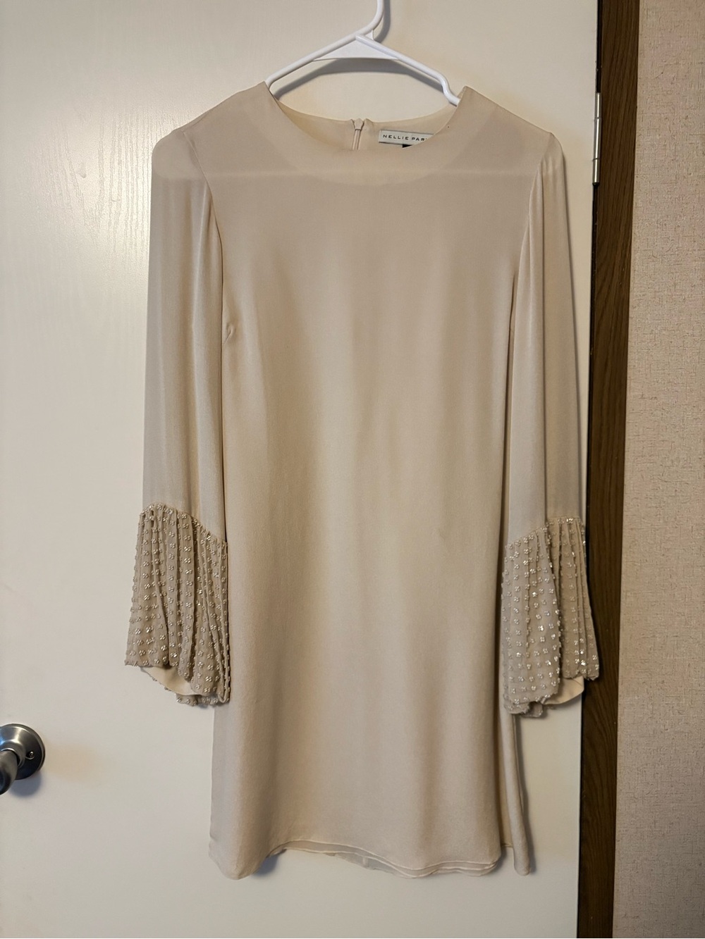 Alexis Beige Shift Dress with Beaded Bell Sleeves